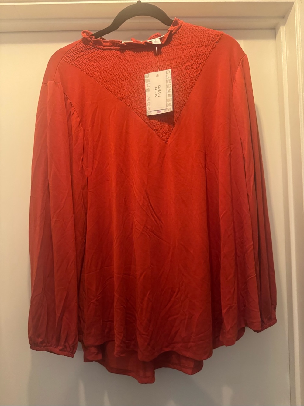 LuLaRoe Clara - Pumpkin Cored Smocked Yoke Long Sleeve Blouse